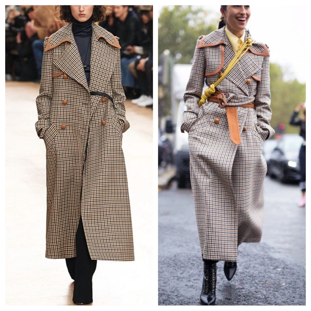 Nina Ricci Trench Coat Heritage Checkered Printed Wool Leather Trim Belted 42